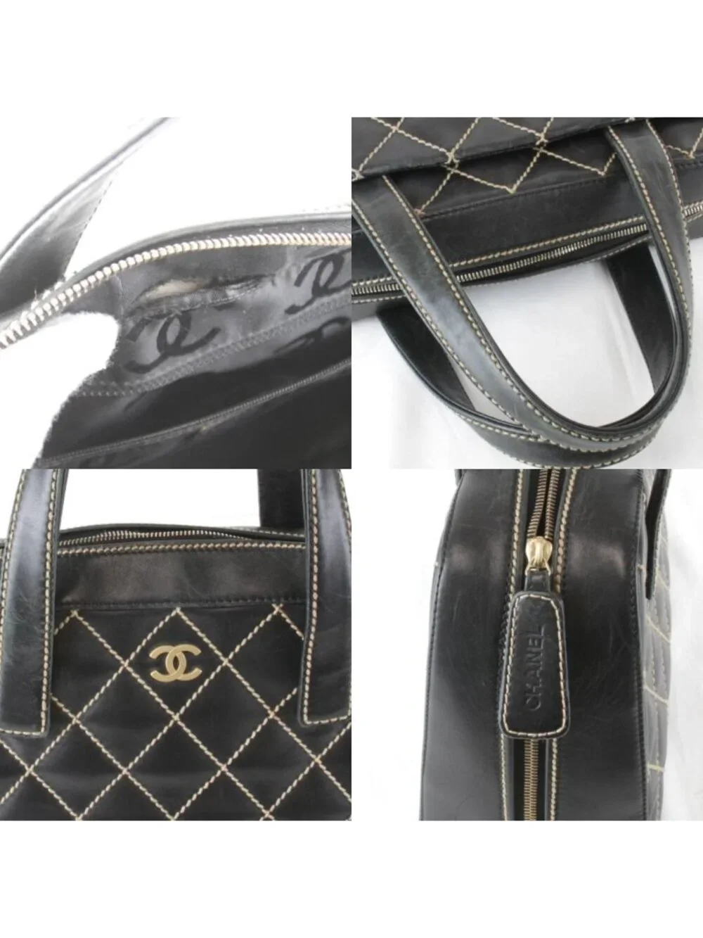 Chanel Wild Stitch Handle with Card Leather Black Handbag
